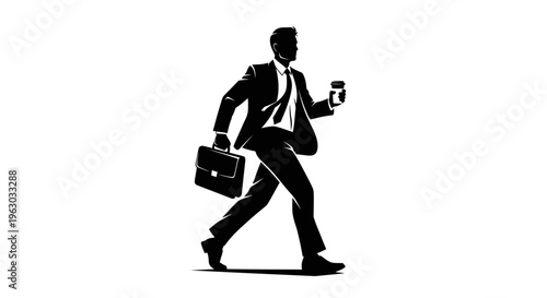 Silhouette of a businessman walking with briefcase and coffee cup.