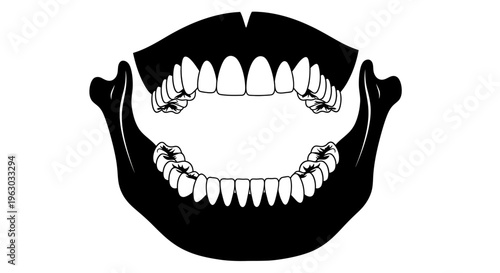 Human Jawbone With Teeth Open Mouth Silhouette.