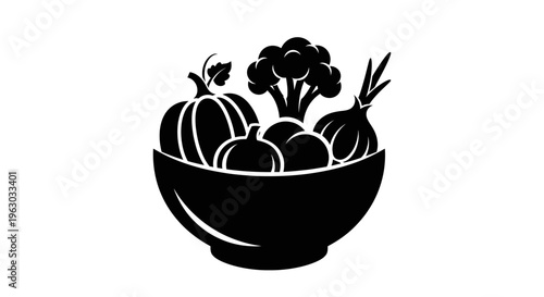 Bowl of Fresh Vegetables and Produce Silhouette.