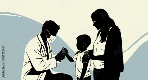 Doctor administering vaccine to child with mother present.