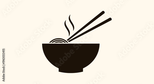 Steaming Bowl of Noodles with Chopsticks Silhouette Icon.