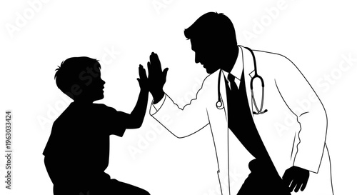 Doctor and child giving high five silhouette illustration.