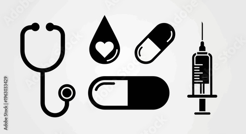 Medical Icons Set Stethoscope Pills Syringe Blood Drop.