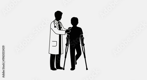 Doctor assisting patient with crutches recovery.