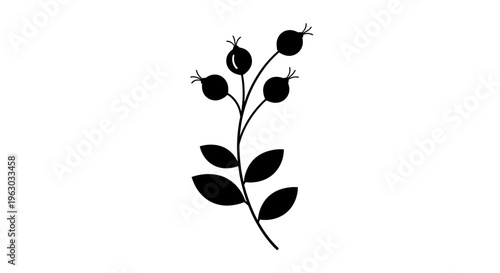 Minimalist Black Silhouette of a Berry Branch with Leaves.