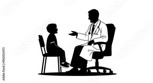 Doctor consulting with a child patient in a medical setting.