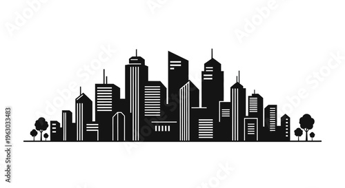 Modern City Skyline Silhouette with Tall Buildings and Trees.