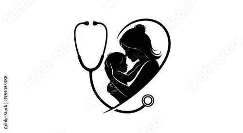 Mother and Child Silhouette with Stethoscope Heart Symbol.
