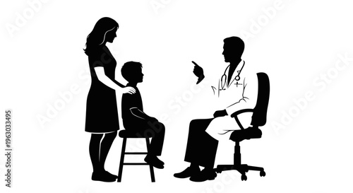 Doctor Consulting With Mother And Child Silhouette.