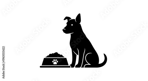 Silhouette of a hungry dog waiting patiently for food in a bowl.