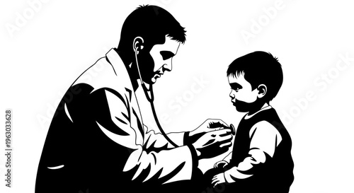 Doctor examining a young child with a stethoscope.
