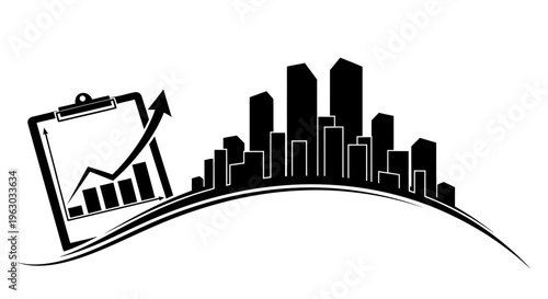 City Skyline with Upward Trend Graph on Clipboard.