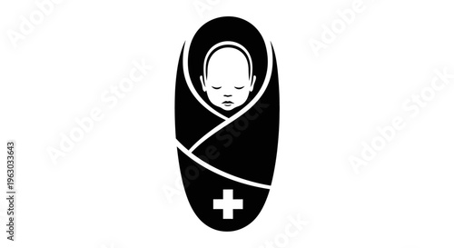 Stylized Icon of Newborn Baby Wrapped in Swaddle with Medical Cross.