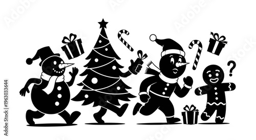 Christmas Characters Running with Gifts and Candy Canes.