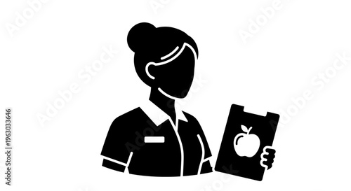 Nutritionist holding apple clipboard icon silhouette.