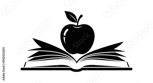 Open Book With Apple Silhouette Symbolizing Education and Knowledge.