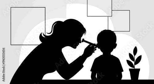 Doctor examining childs ear with otoscope silhouette.