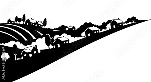 Stylized Village Scene with Rolling Hills and Houses.