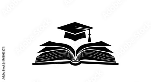 Open Book with Graduation Cap Symbolizing Education and Knowledge.