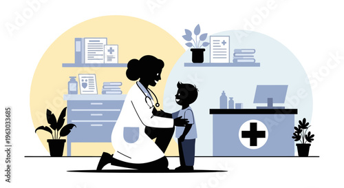 Doctor examining a young boy with stethoscope.