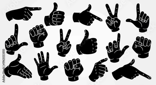 Collection of Black Hand Gestures Silhouettes Isolated on White.