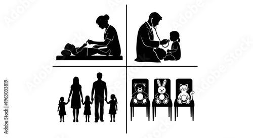 Pediatrician office illustration showing doctor patient family and waiting room.