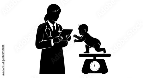 Pediatrician weighing a baby on a scale.
