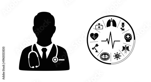 Doctor Silhouette with Medical Icons and Heartbeat Line.
