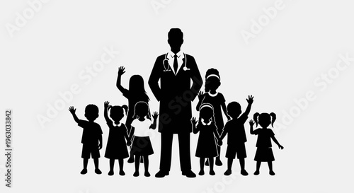 Doctor standing with a group of children silhouette.