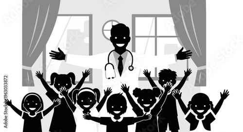 Doctor with happy children in a clinic.