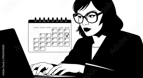 Woman wearing glasses working diligently on a laptop with a calendar in the background.