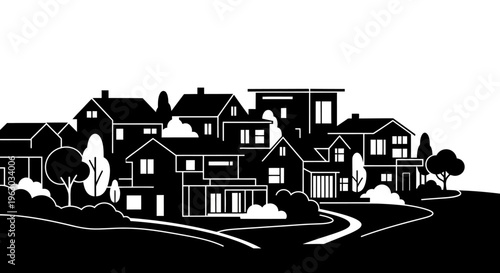 Silhouette of a Suburban Neighborhood with Houses and Trees.