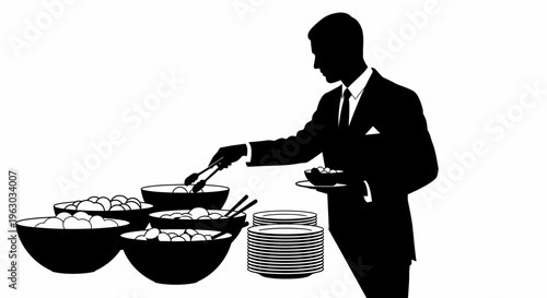 Silhouette of a waiter serving food at a buffet.