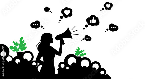 Silhouette of a woman holding a megaphone announcing news.
