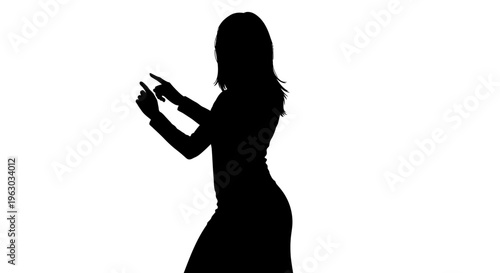 Silhouette of a woman pointing with both hands.