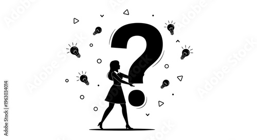 Silhouette of a woman holding a giant question mark surrounded by lightbulbs.