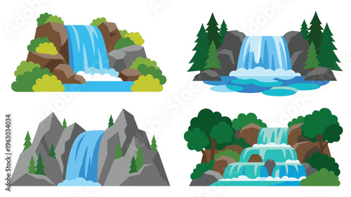 Beautiful waterfall set isolated on white background flat vector illustration.