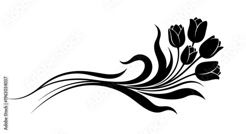Elegant Black Tulip Floral Swirl Design Element.