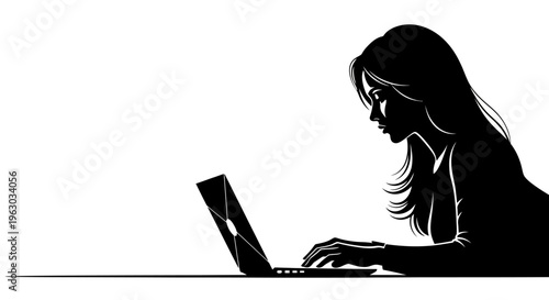 Silhouette of a woman typing on a laptop computer.