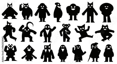 Collection of Diverse Silhouetted Cartoon Monsters and Characters.
