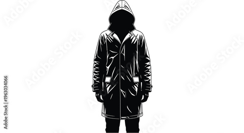 A dark hooded figure stands isolated against a white background silhouette