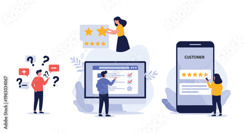 People interacting with various digital interfaces to provide star ratings and customer feedback for a product or service online.