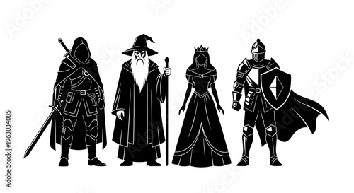 Fantasy Characters Group Silhouette Medieval Heroes.