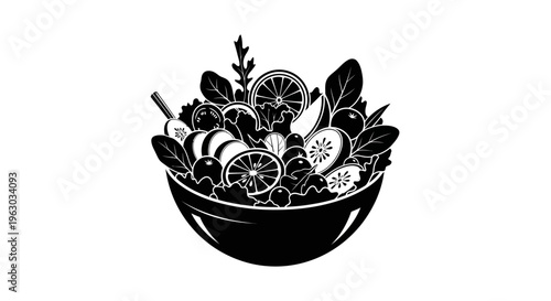 Fresh Healthy Salad Bowl Illustration Black and White.