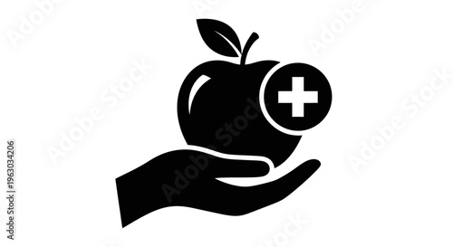 Healthy Apple Icon in Hand with Plus Sign.