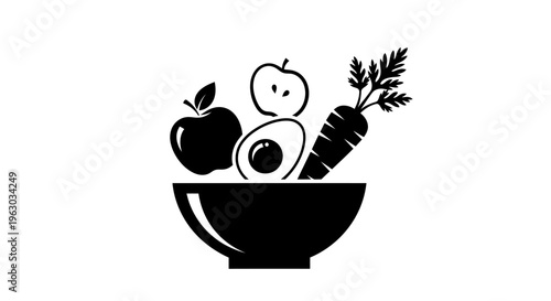 Healthy Food Bowl Icon With Apple Avocado Carrot.