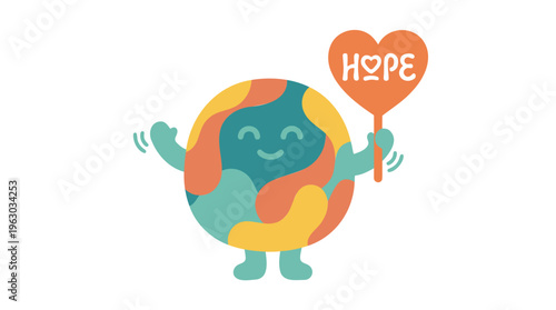 Happy Earth character holding Hope heart sign, waving for global support, environmental care in colorful flat vector illustration graphic element.