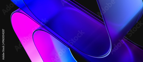Abstract vibrant blue and purple neon glowing curved transparent glass texture on dark background. Dynamic futuristic aesthetic for technology banner modern digital graphic design and premium layout.
