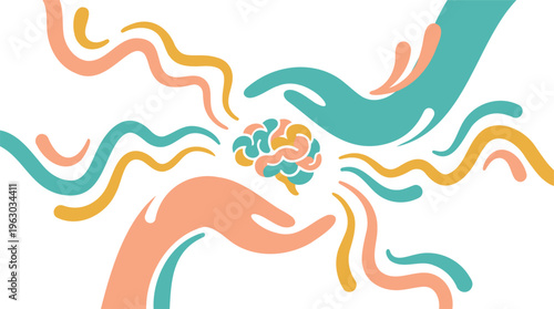Brain Hands Surrounding Care, Mental Well-being, Colorful Flat Abstract Vector Art