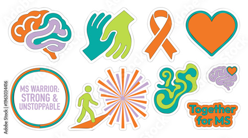 MS Awareness Stickers: Brains, Ribbons, Hands, Hearts, Person for Support, Health, Disability. Flat Graphic Teal, Orange, Purple Vector Illustration, Isolated.
